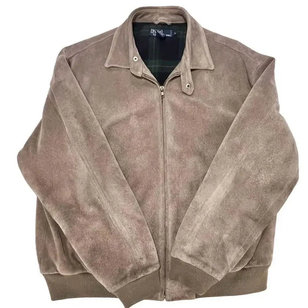 VTG 90s Polo Ralph Lauren Suede Bomber - Men's Large Blank Back Plaid Liner
